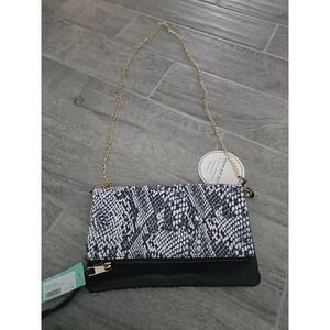 Under One Sky Black Snakeskin Reversible Flap Crossbody Clutch Gold Chain Strap